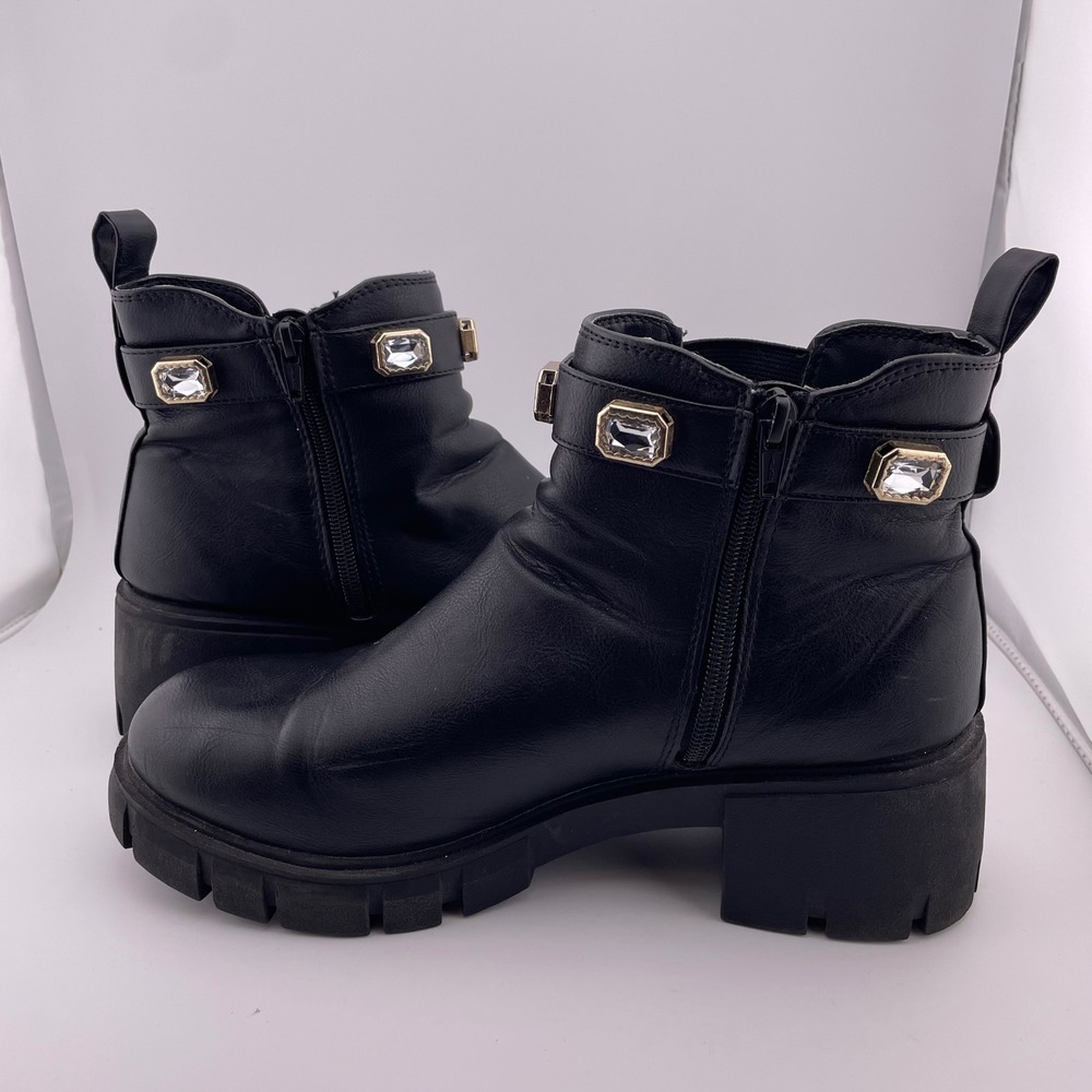 Madden NYC Black Lug Sole‎ Rhinestone Ankle Boots Chunky Block Heel Size 10